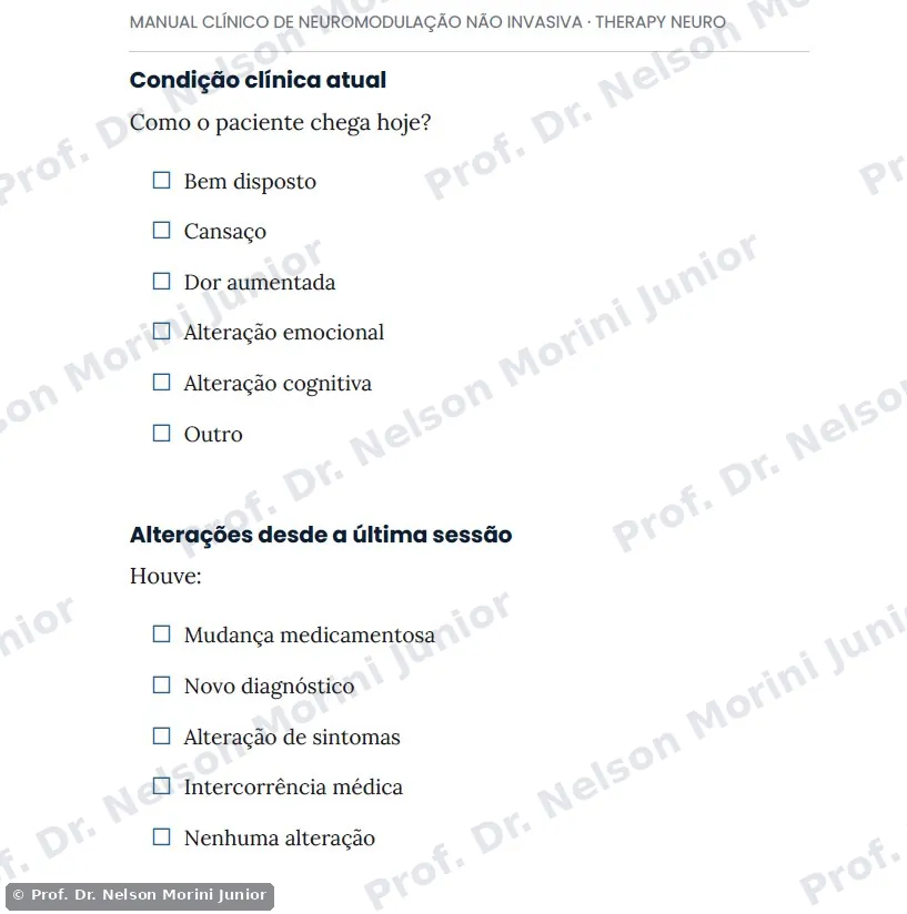 Ficha de evolução por sessão do Manual Clínico de Neuromodulação Não Invasiva — Therapy Neuro